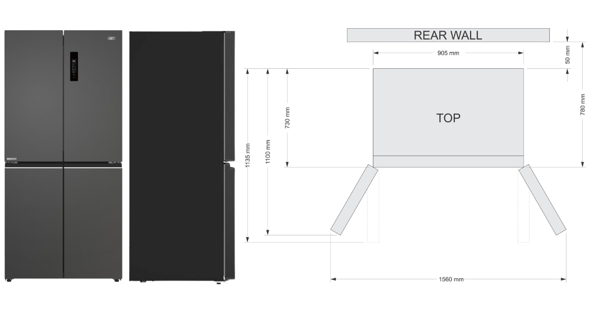Technical drawing showing height, width, and depth of the fridge with clear labels.