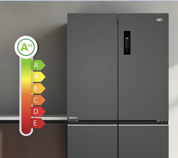Inverter compressor illustration with energy efficiency indicator.