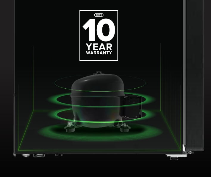 Inverter compressor illustration with energy efficiency indicator.