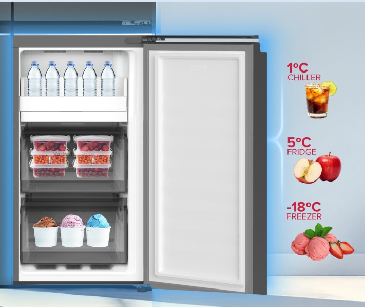 Inverter compressor illustration with energy efficiency indicator.